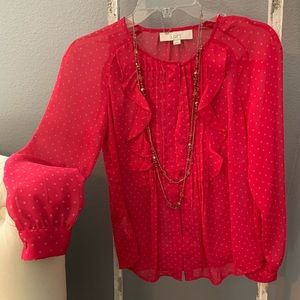 Loft bright pink star print sheer ruffle blouse